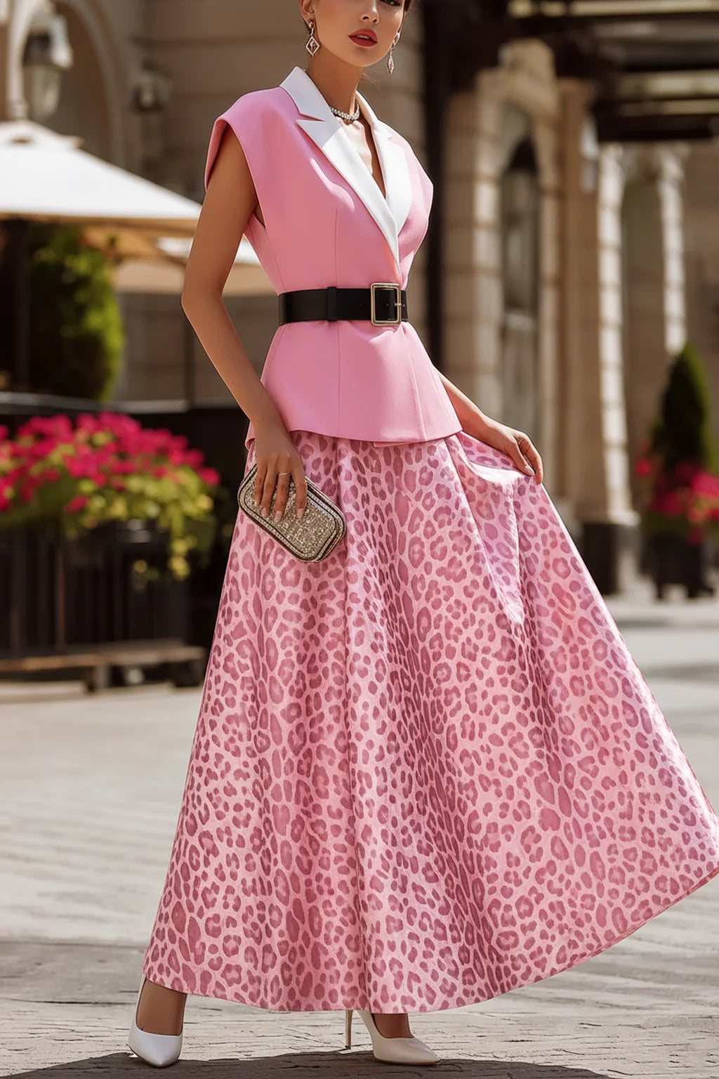 White Lapel Pink Blazer Vest + Pink Leopard Maxi Skirt Two Piece Set