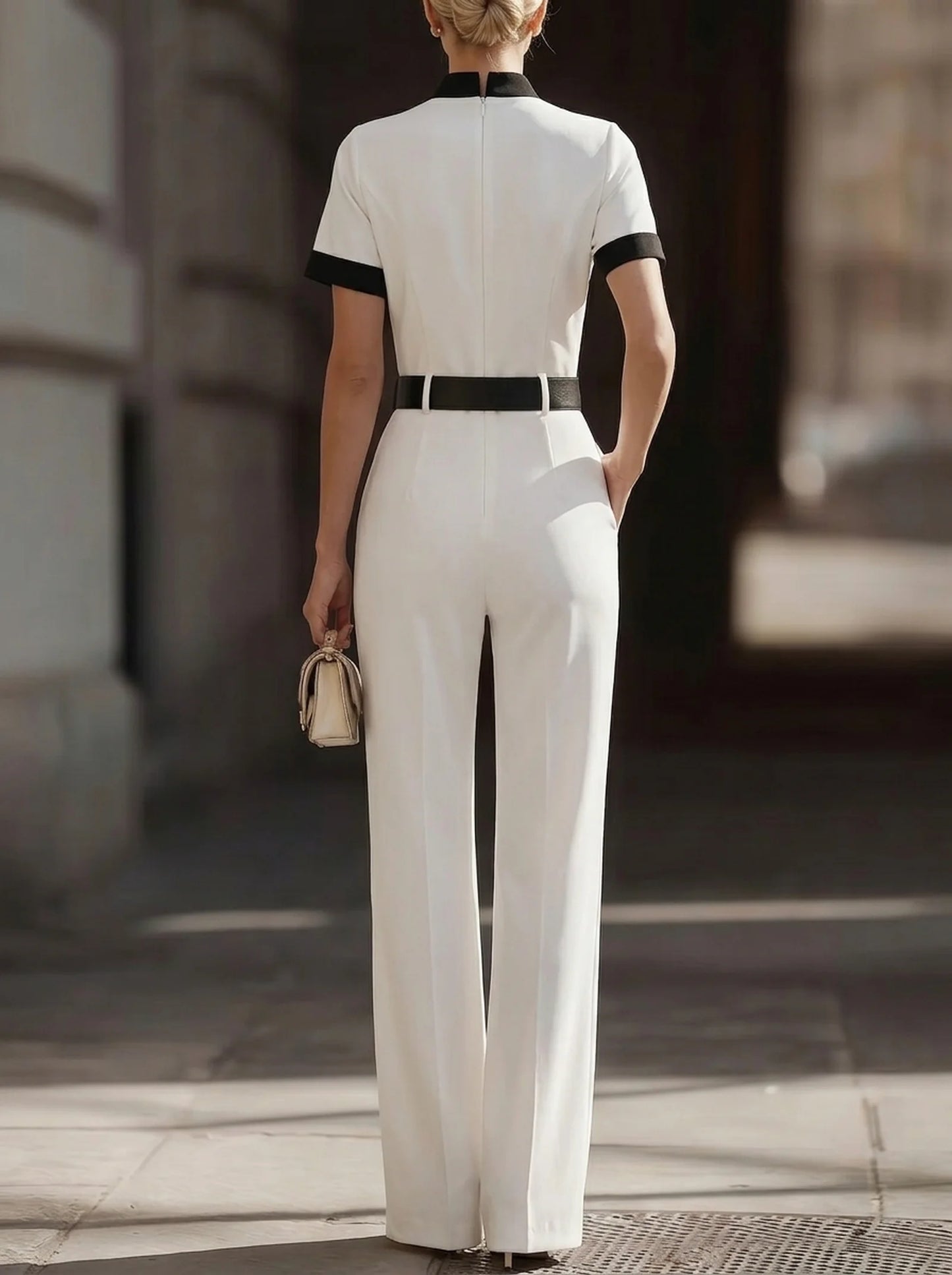 Chinese Collar Contrast Trim Short Sleeve Belted Side Stripe Wide Leg Jumpsuit