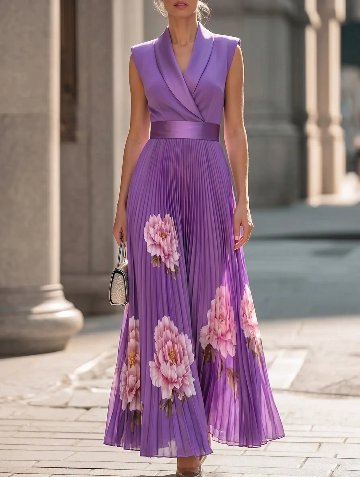 Lapel Sleeveless Waisted Peony Print Pleated Maxi Dress