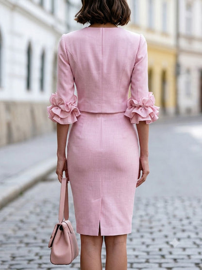 Elegant Ruffle Sleeve Blazer And Pencil Skirt Set