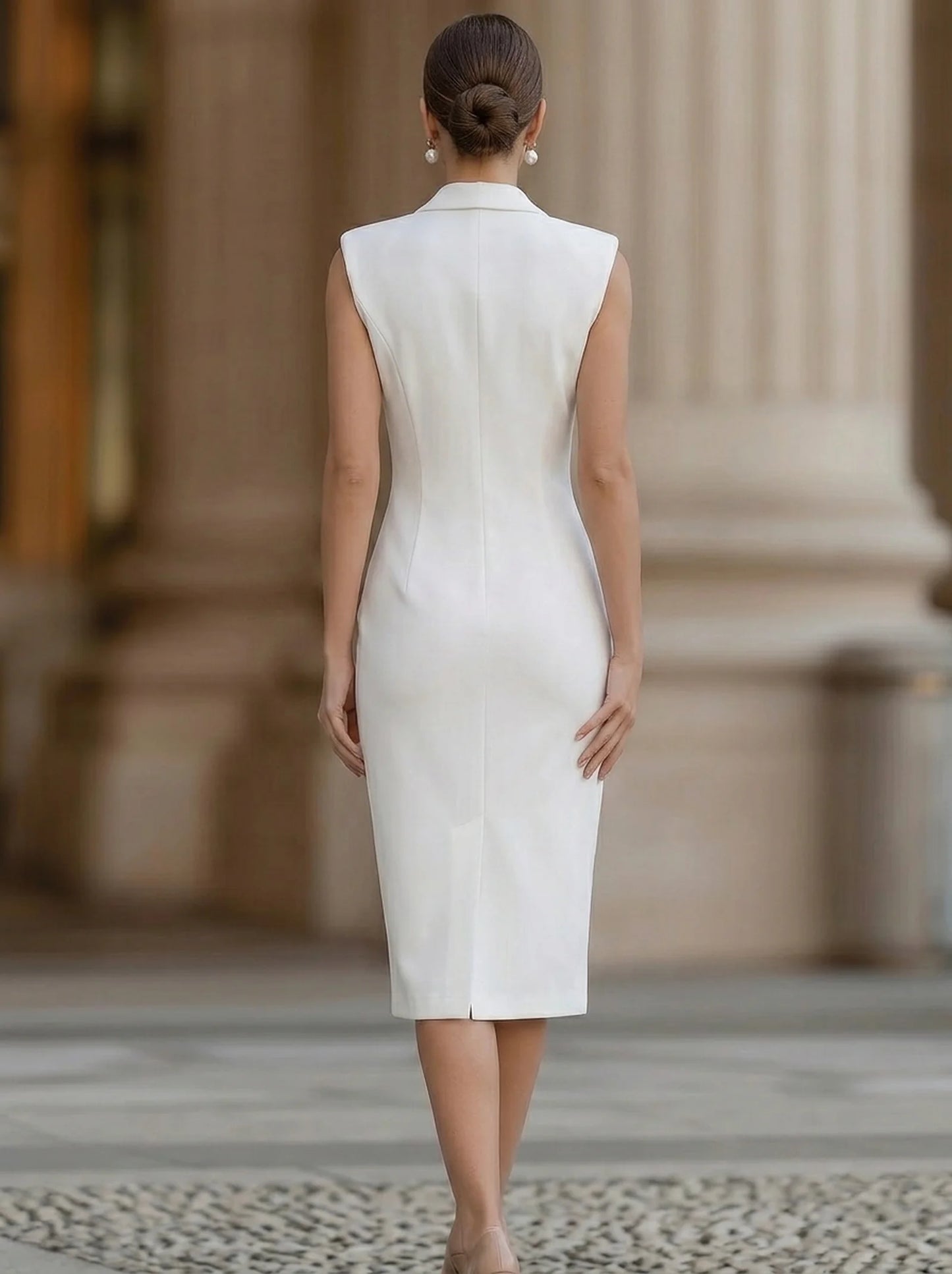 Suit Lapel Sleeveless Double Side Zip Waist Bodycon Midi Dress