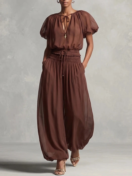 Dark Brown Chiffon Puff Sleeve Tie Waist Wide Leg Jumpsuit