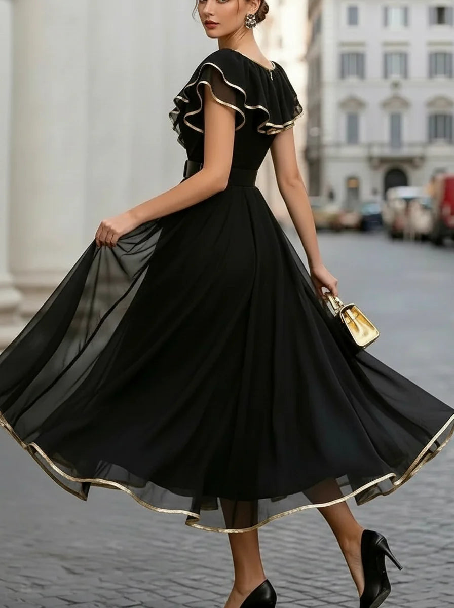 V Neck Gold Trim Ruffle Belted Black Chiffon Midi Evening Dress