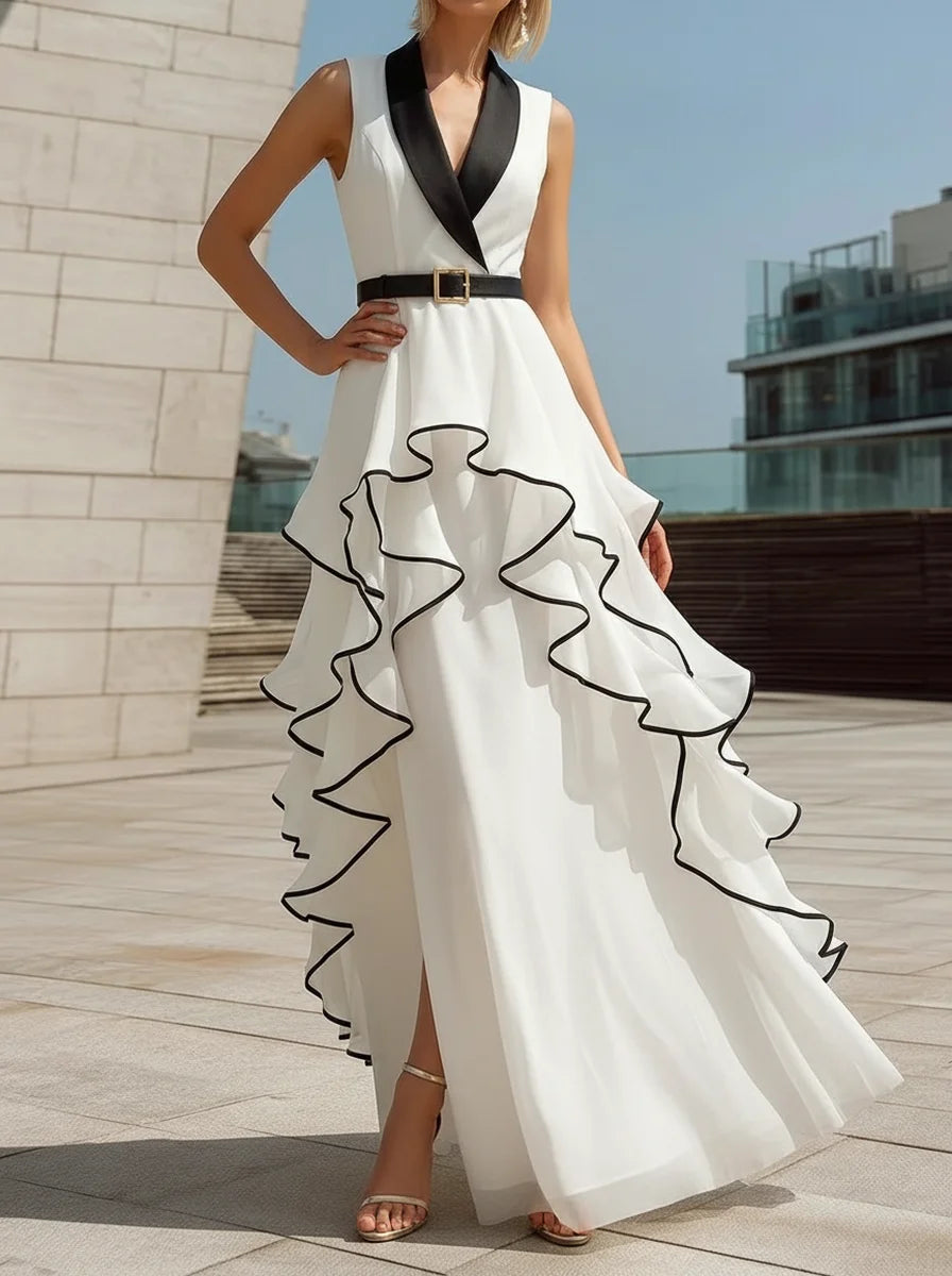 Lapel Sleeveless Waisted Black Trim Ruffle Maxi Evening Dress