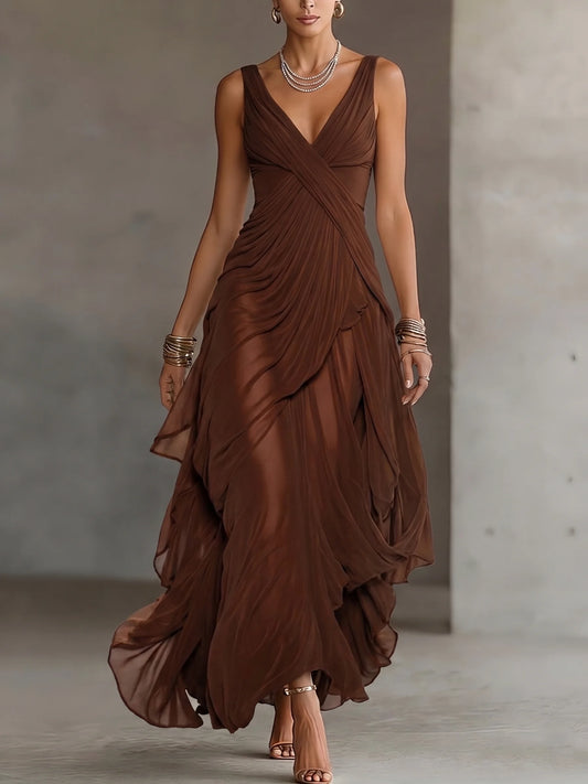 Deep Brown V-neck Cross Ruched Irregular Ruffle Chiffon Maxi Gown