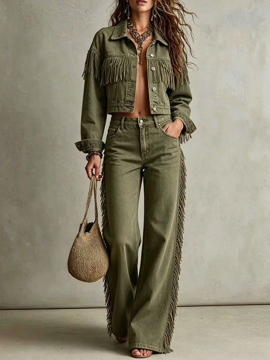 Women Olive Fringe Cropped Denim Jacket & Side Fringe Wide Leg Jeans Two Piece Set
