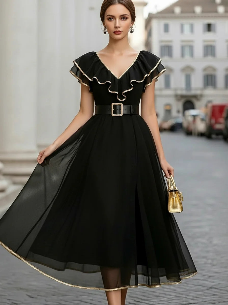 V Neck Gold Trim Ruffle Belted Black Chiffon Midi Evening Dress