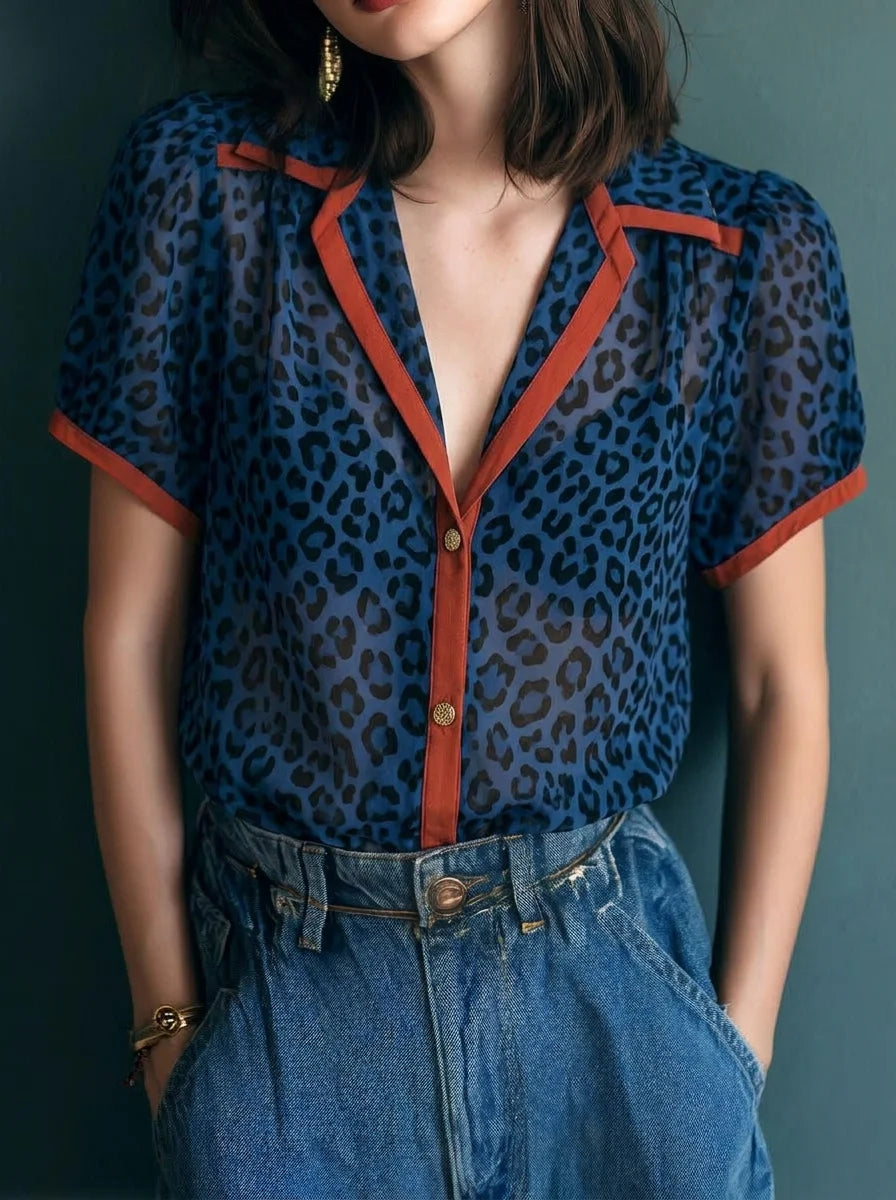 Blue Leopard Print Contrast Red Trim Lapel Sheer Chiffon Short Sleeve Button Down Blouse