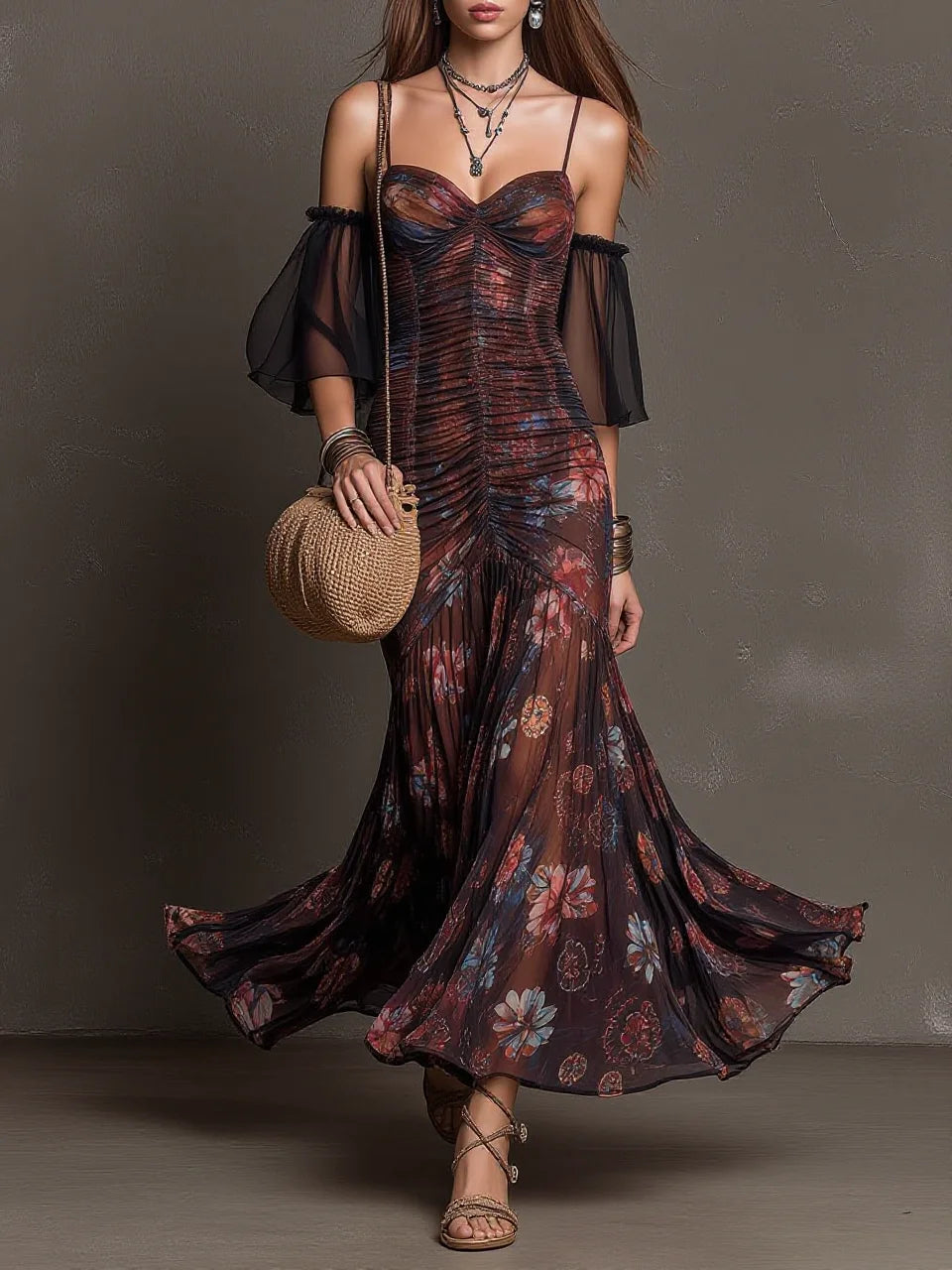 Dark Brown Vintage Floral Print Off-Shoulder Ruched Maxi Dress