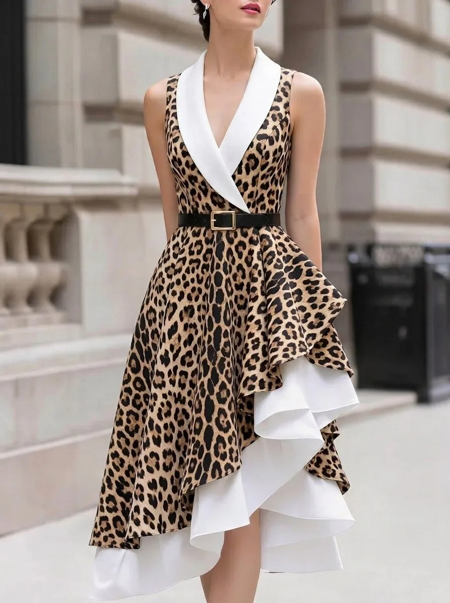 White Lapel Sleeveless Belted Leopard Print Contrast Irregular Tiered Midi Dress