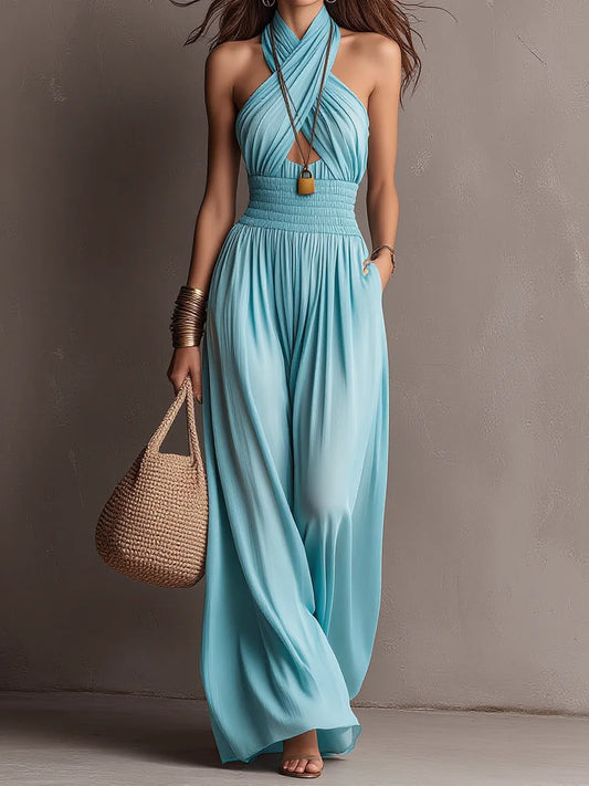 Sky Blue Halter Cross Cut-Out Wide-Leg Jumpsuit