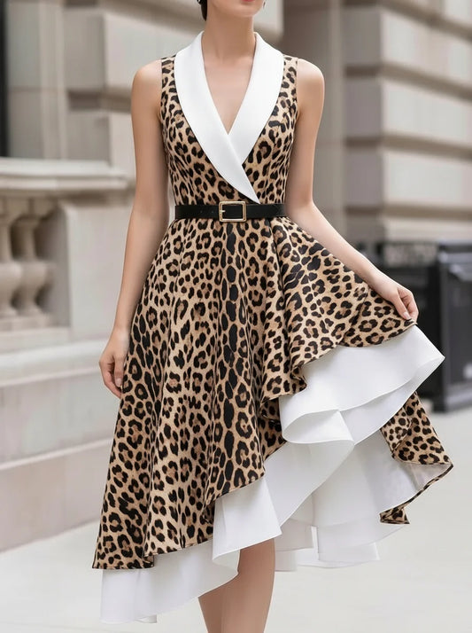 White Lapel Sleeveless Belted Leopard Print Contrast Irregular Tiered Midi Dress