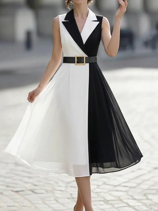 Blazer Collar Color Block Belted Sleeveless Chiffon Midi Dress