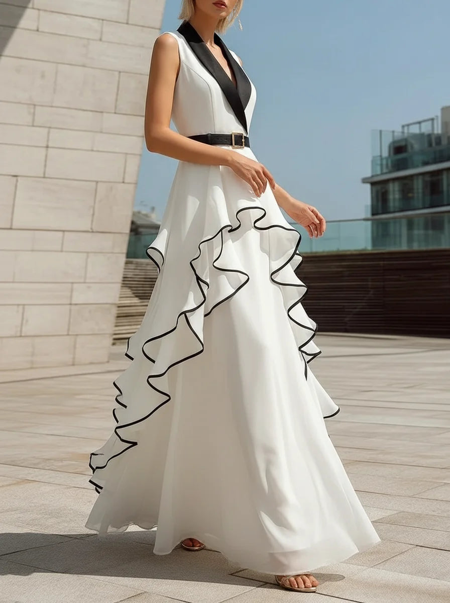 Lapel Sleeveless Waisted Black Trim Ruffle Maxi Evening Dress