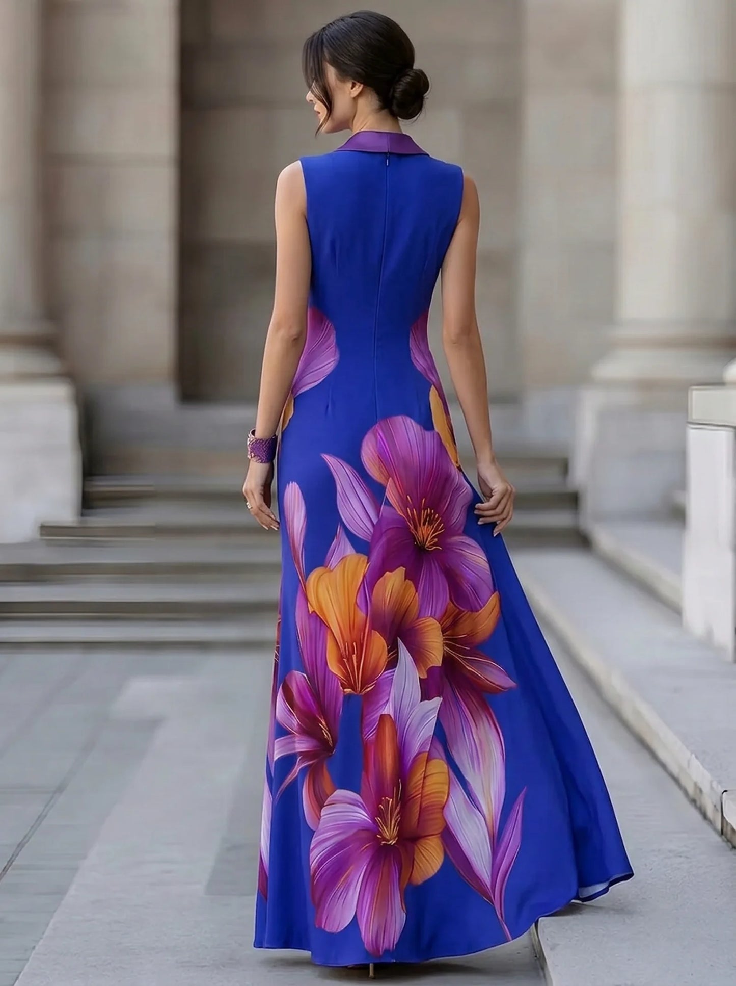 Contrast Purple Lapel Sleeveless Big Floral Print Fitted Mermaid Maxi Evening Dress