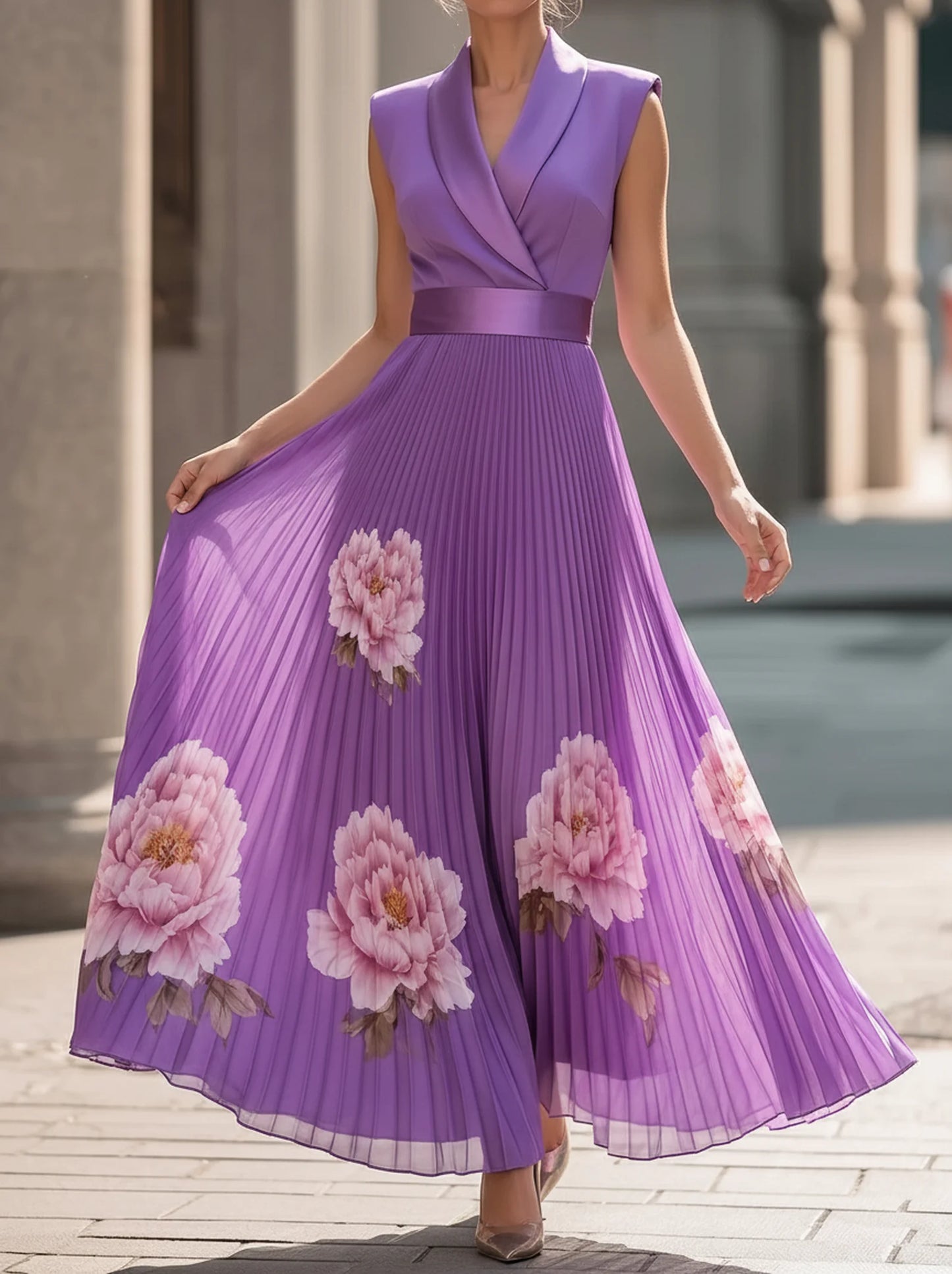 Lapel Sleeveless Waisted Peony Print Pleated Maxi Dress