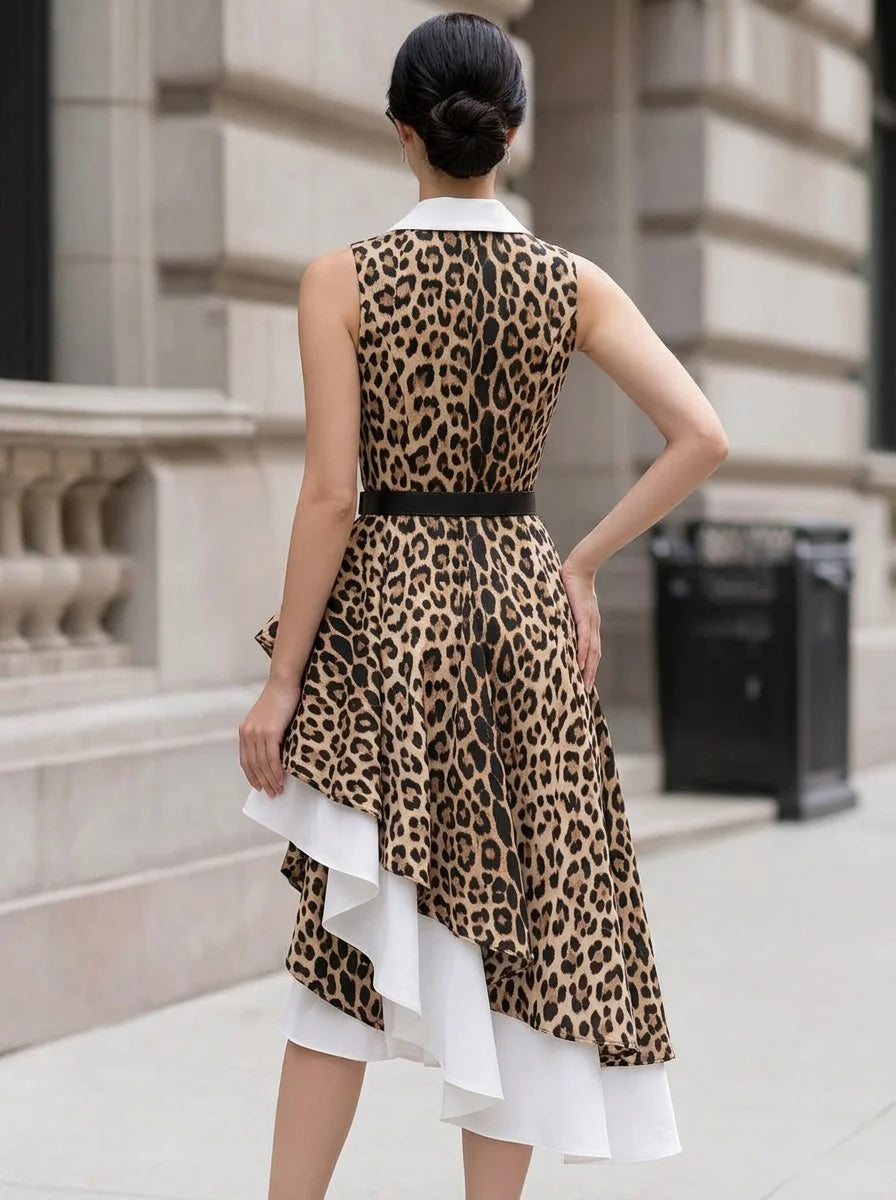 White Lapel Sleeveless Belted Leopard Print Contrast Irregular Tiered Midi Dress