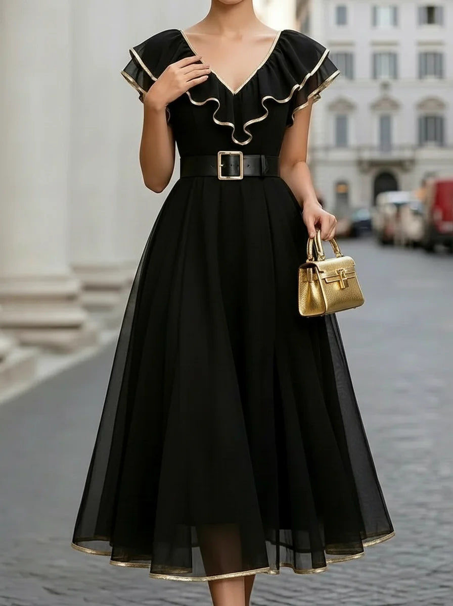 V Neck Gold Trim Ruffle Belted Black Chiffon Midi Evening Dress