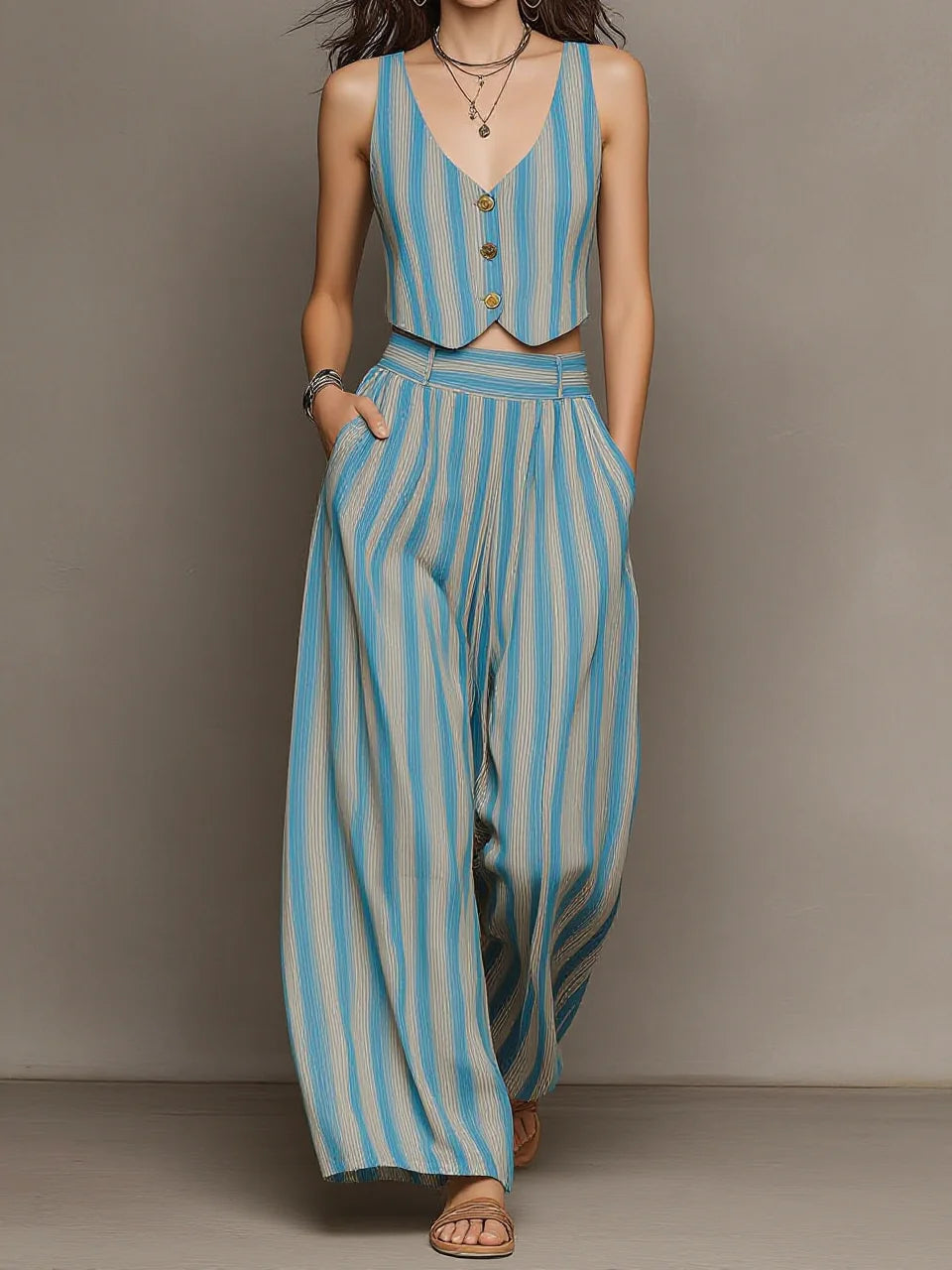 Blue and White Striped V-Neck Cropped Vest & Wide-Leg Pants Set