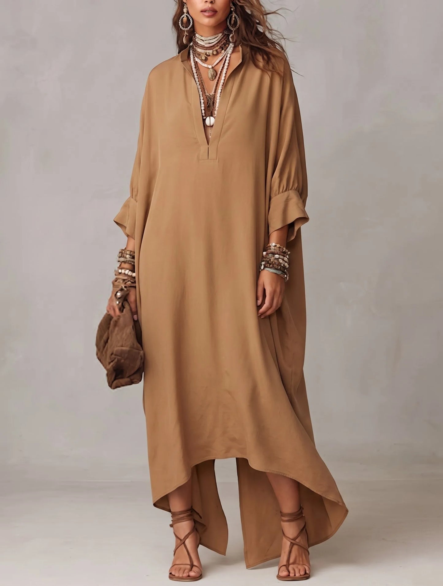 Khaki V-neck Half Placket Loose Batwing Sleeve Irregular Hem Long Shirt Dress