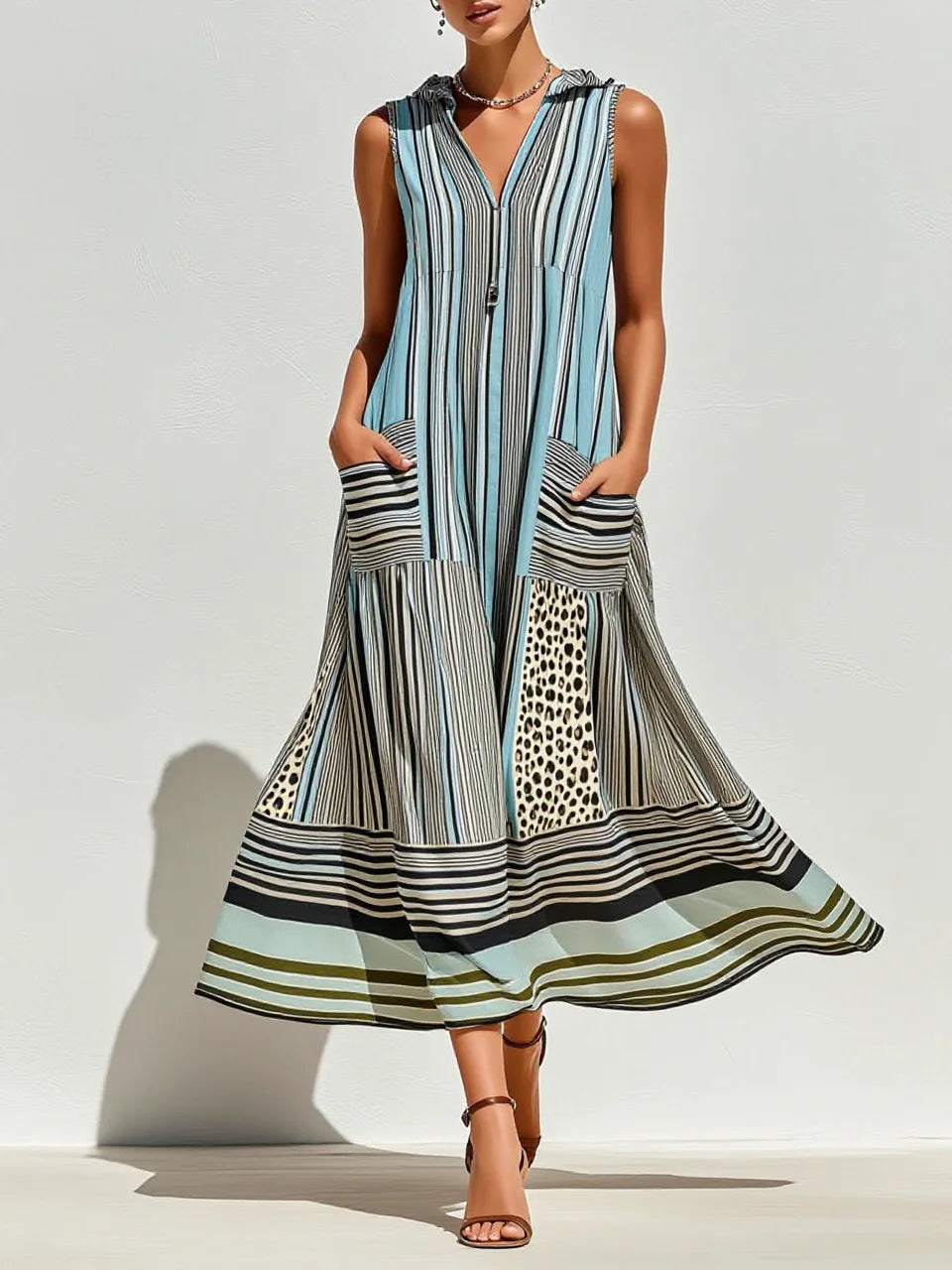 Stripe Leopard Patchwork Collared Sleeveless V-Neck Zip Maxi Dress