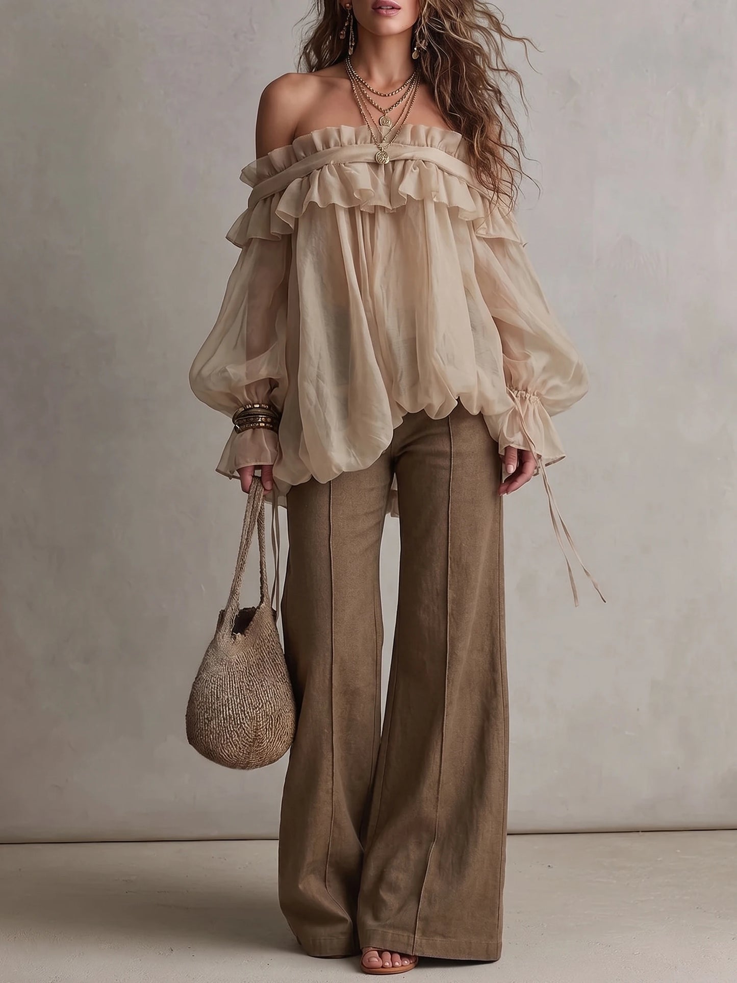 Women Off Shoulder Ruffled Sheer Puff Sleeve Loose Casual Blouse