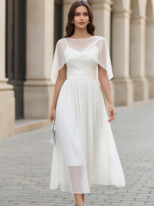 White Cape Sleeve Waisted Pleated Chiffon Midi Formal Dress