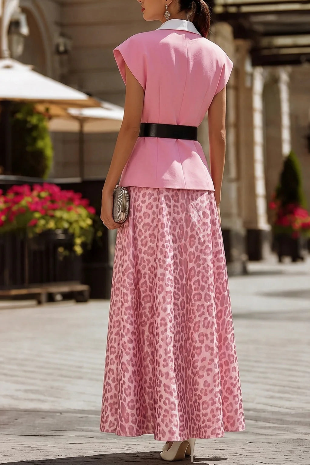 White Lapel Pink Blazer Vest + Pink Leopard Maxi Skirt Two Piece Set