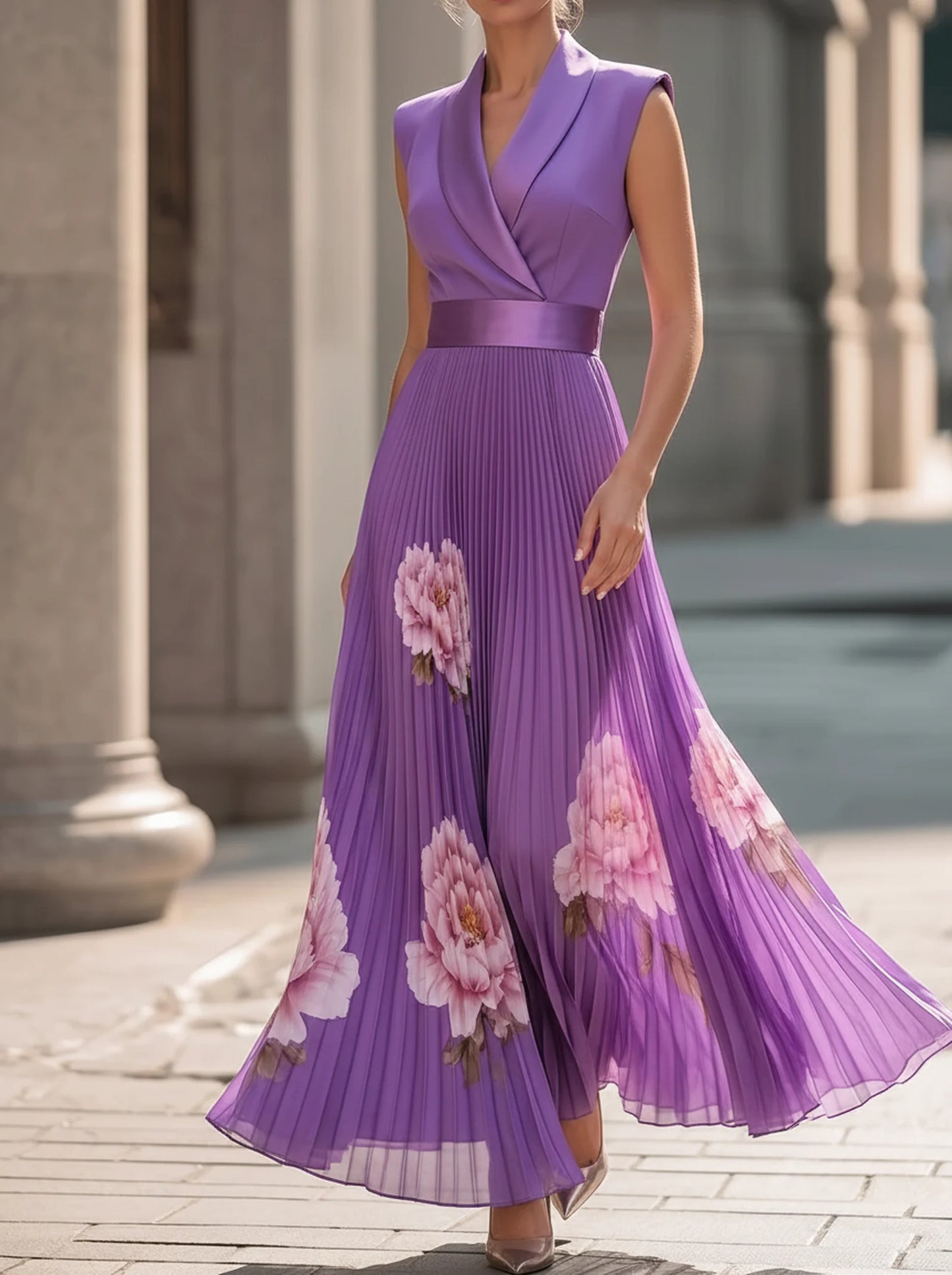 Lapel Sleeveless Waisted Peony Print Pleated Maxi Dress