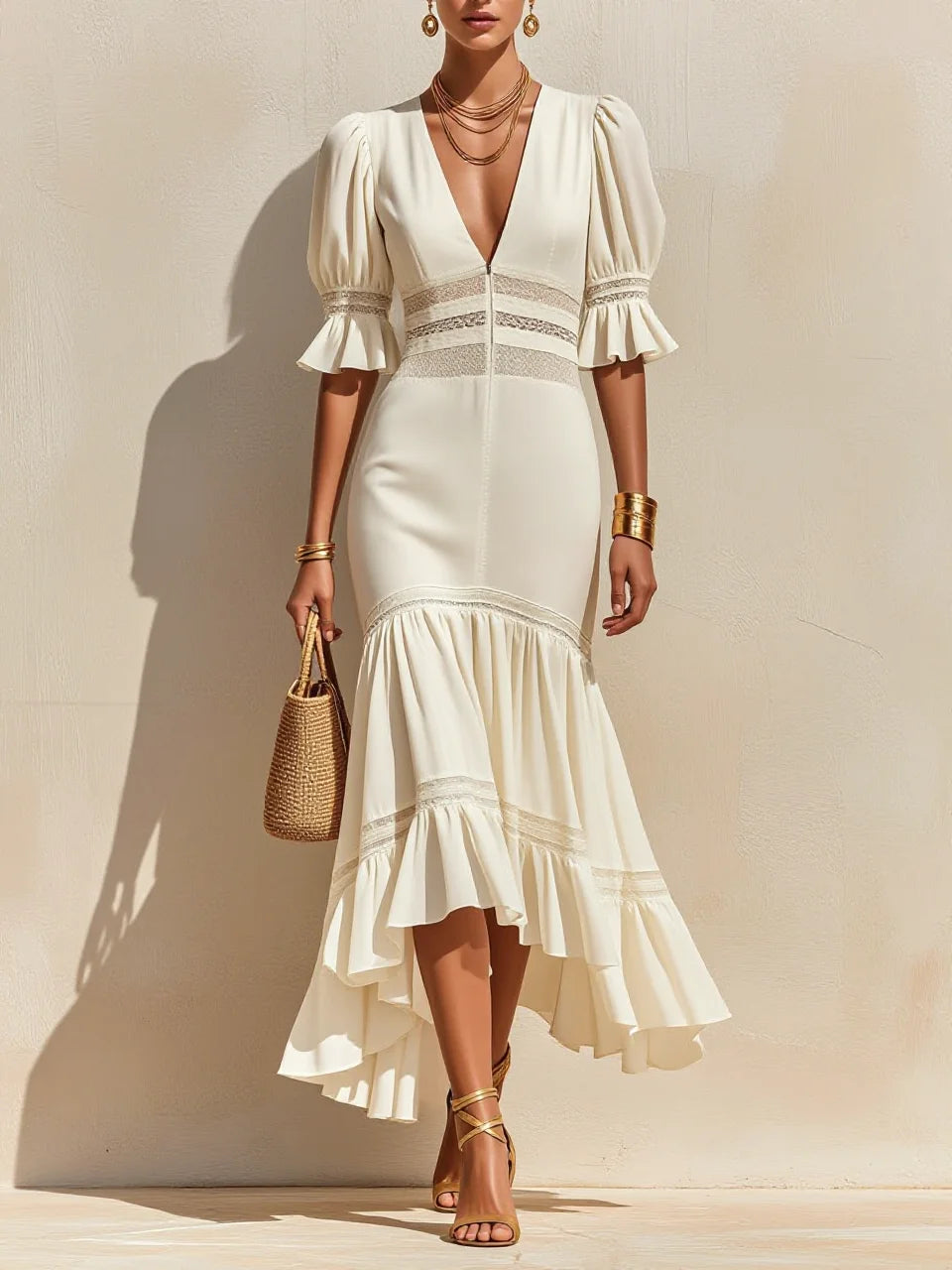 Off-White Deep V Puff Sleeve Lace Panel Irregular Hem Midi Dress