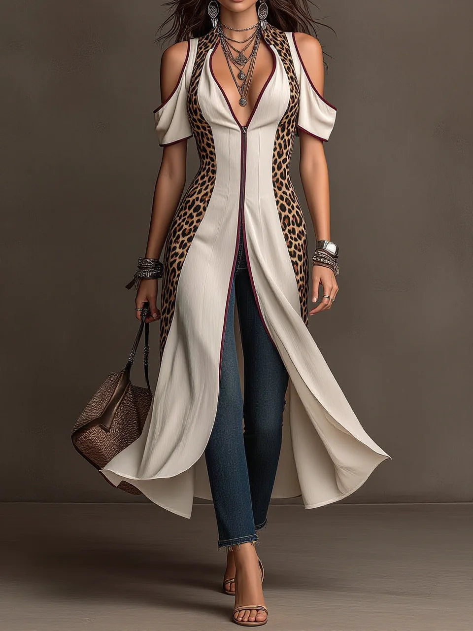 Off-White Leopard Print Panel Cold-Shoulder Longline Cardigan Tunic