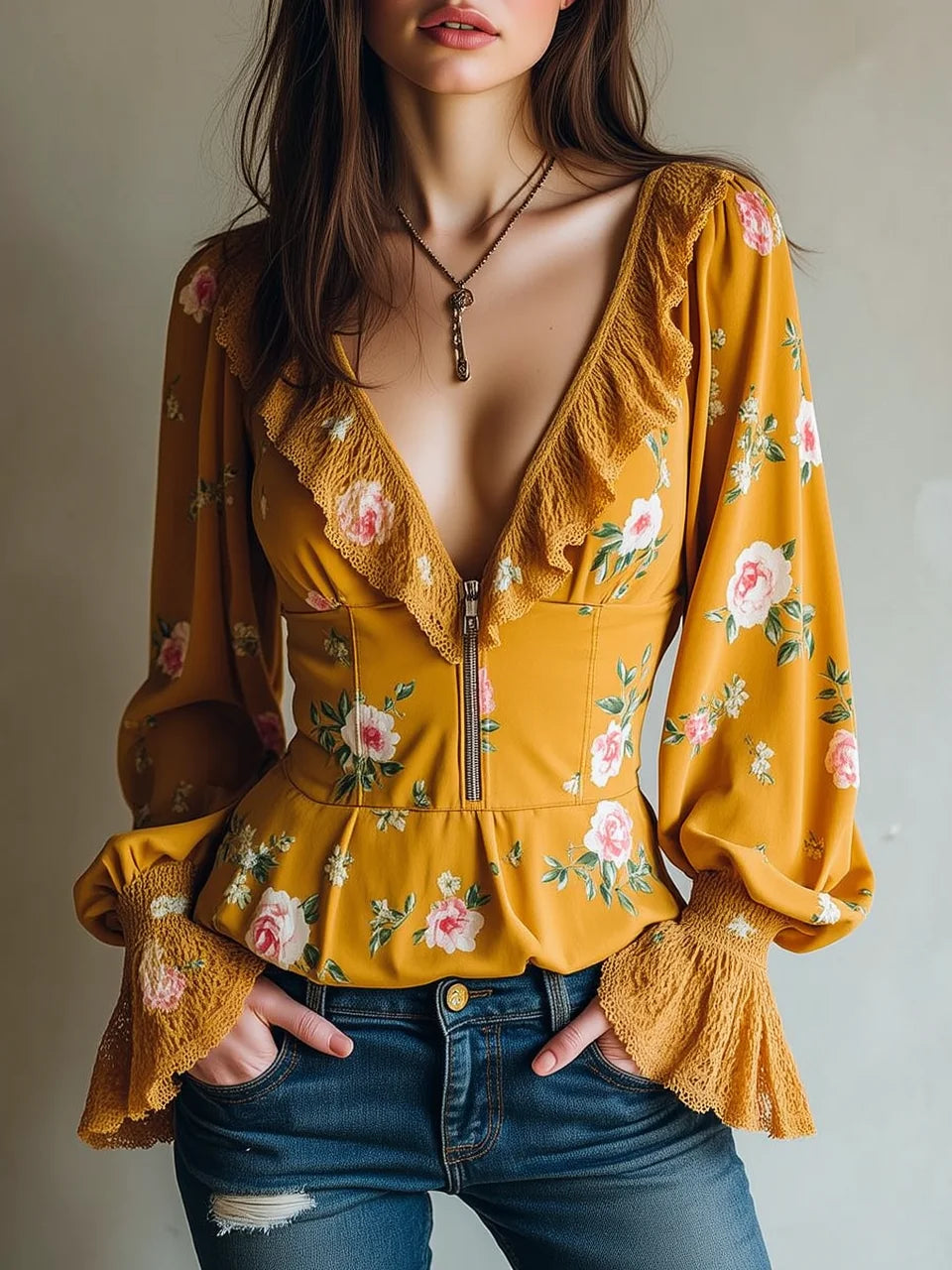 Mustard Yellow Floral Print Lace Trim Deep V-Neck Peplum Top