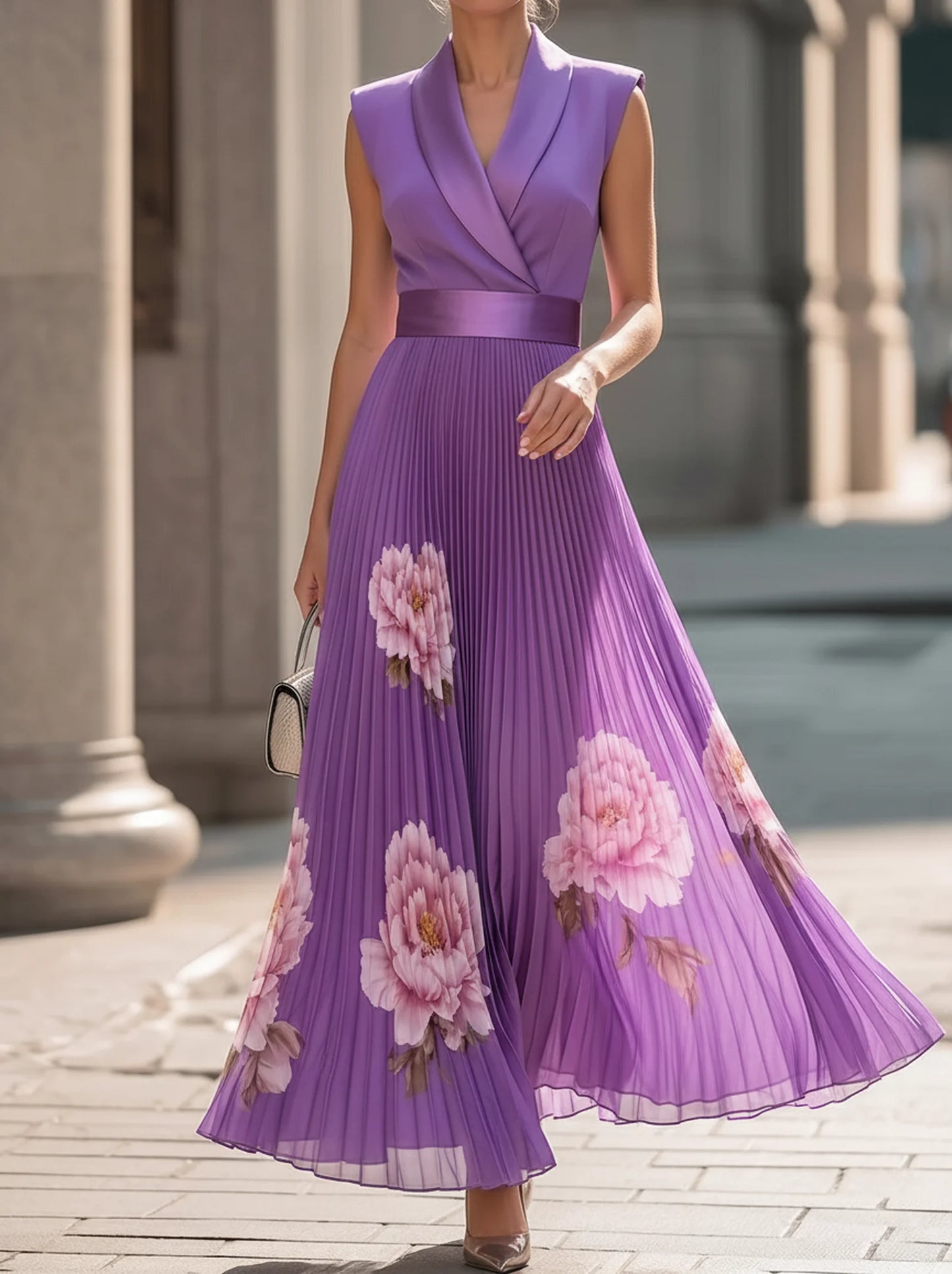 Lapel Sleeveless Waisted Peony Print Pleated Maxi Dress