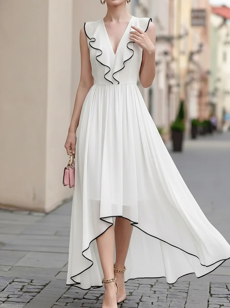 Black Trim Ruffle V Neck Sleeveless High Low Chiffon Maxi Dress