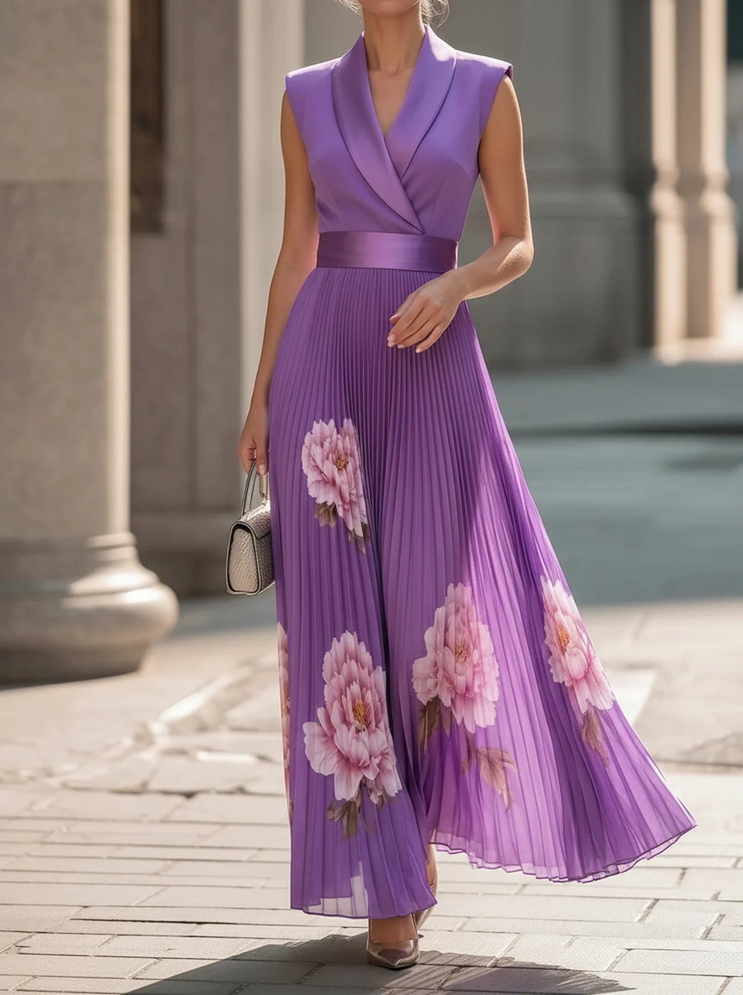 Lapel Sleeveless Waisted Peony Print Pleated Maxi Dress