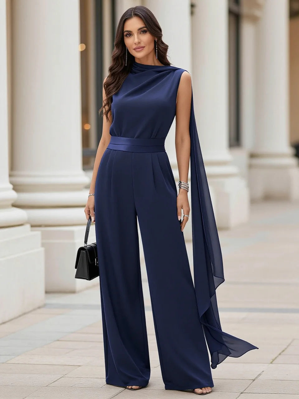Navy Halter Deep V Tie Waist Irregular Ruffle Midi Bodycon Dress