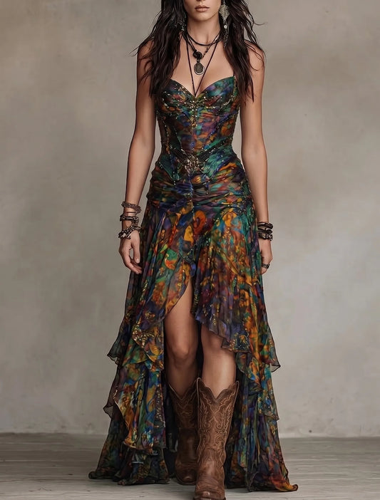 Vintage Tie-dye Print Beaded Corset High Slit Ruffle Maxi Dress