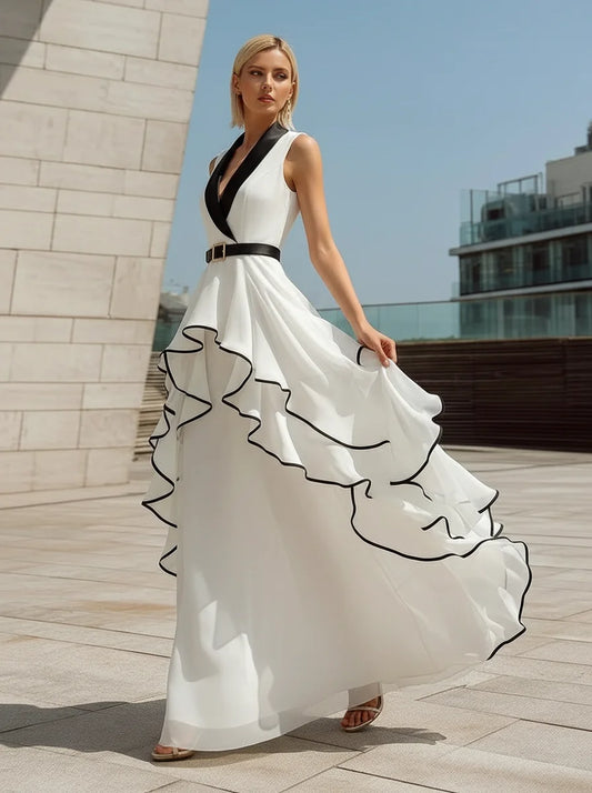 Lapel Sleeveless Waisted Black Trim Ruffle Maxi Evening Dress