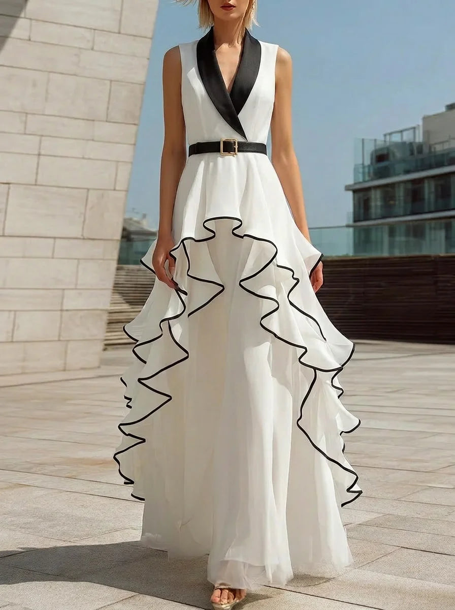 Lapel Sleeveless Waisted Black Trim Ruffle Maxi Evening Dress