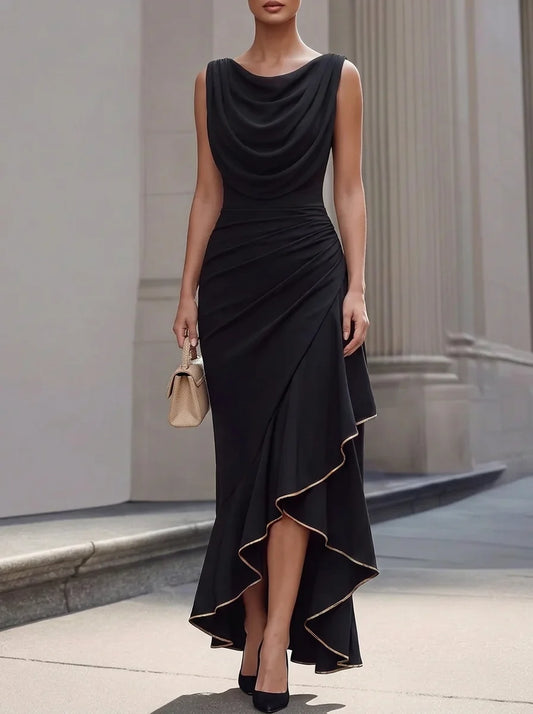 Draped Cowl Neck Ruched Gold Trim Asymmetrical Mermaid Black Maxi Dress