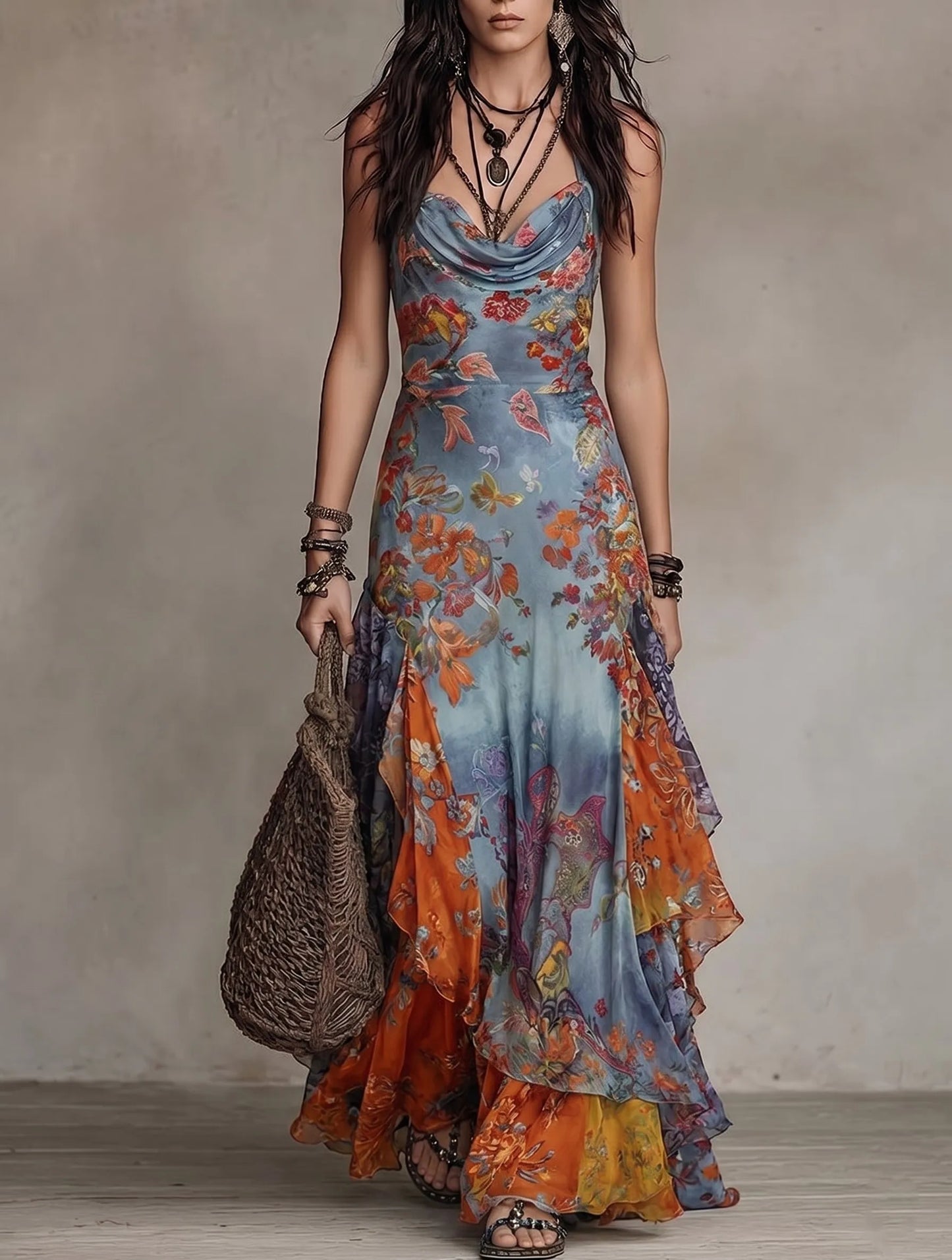 Blue Orange Gradient Floral Butterfly Cowl Neck Halter Irregular Ruffle Maxi Dress