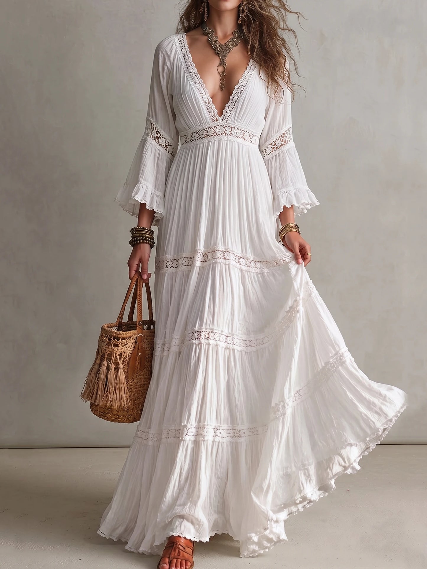 Women White Lace Insert Tiered Bell Sleeve Boho Maxi Dress