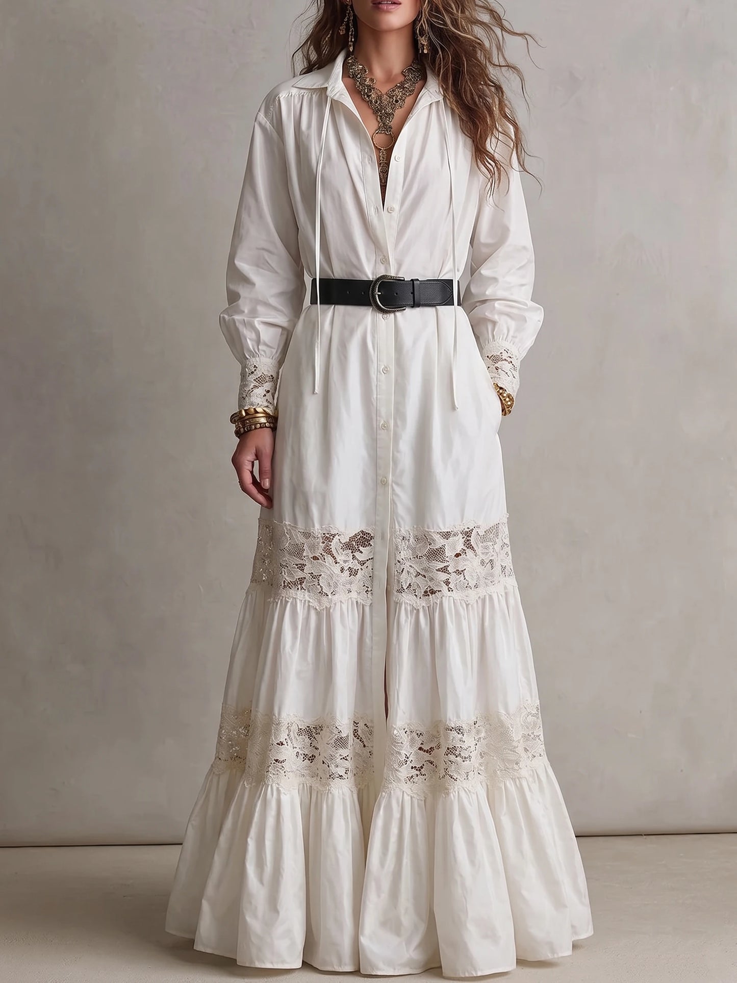 Women Lace Spliced Long Sleeve Button Down Tiered Shirt Maxi Dress with Belt