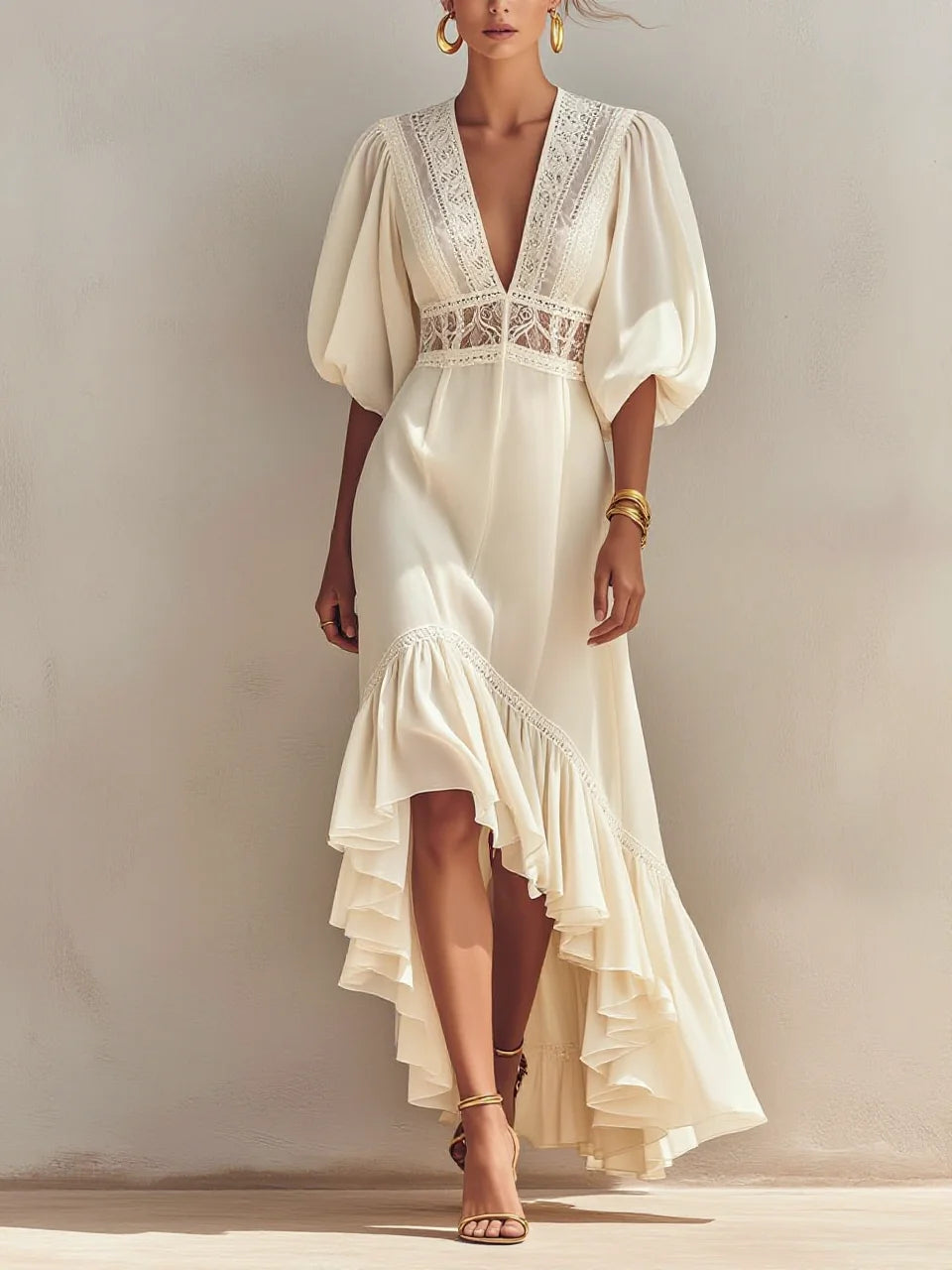 Off-White Deep V Puff Sleeve Lace Panel Asymmetrical Ruffle Dress