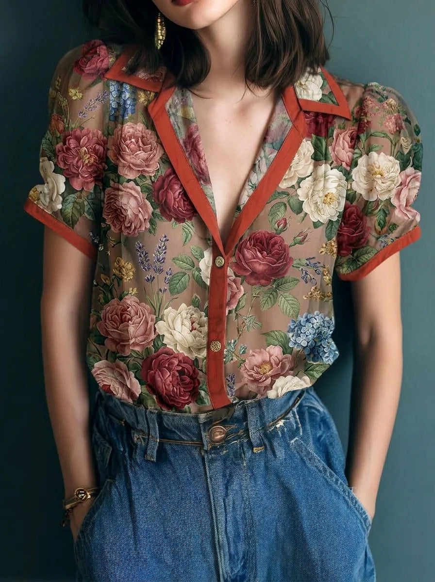 Vintage Red Trim Rose Floral Print Lapel Short Sleeve Sheer Chiffon Blouse