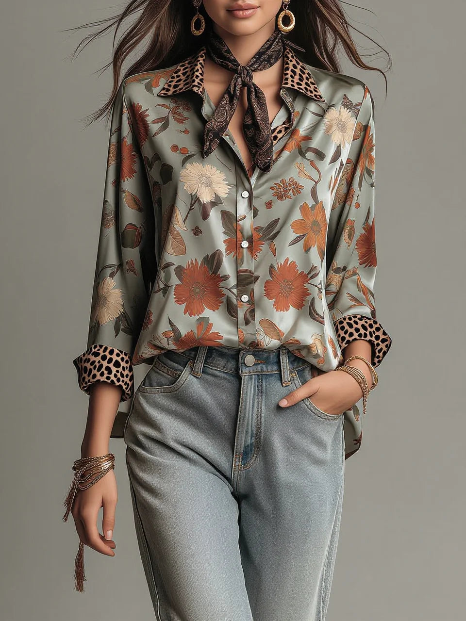 Sage Green Floral Print Leopard Patchwork Satin Long Sleeve Shirt