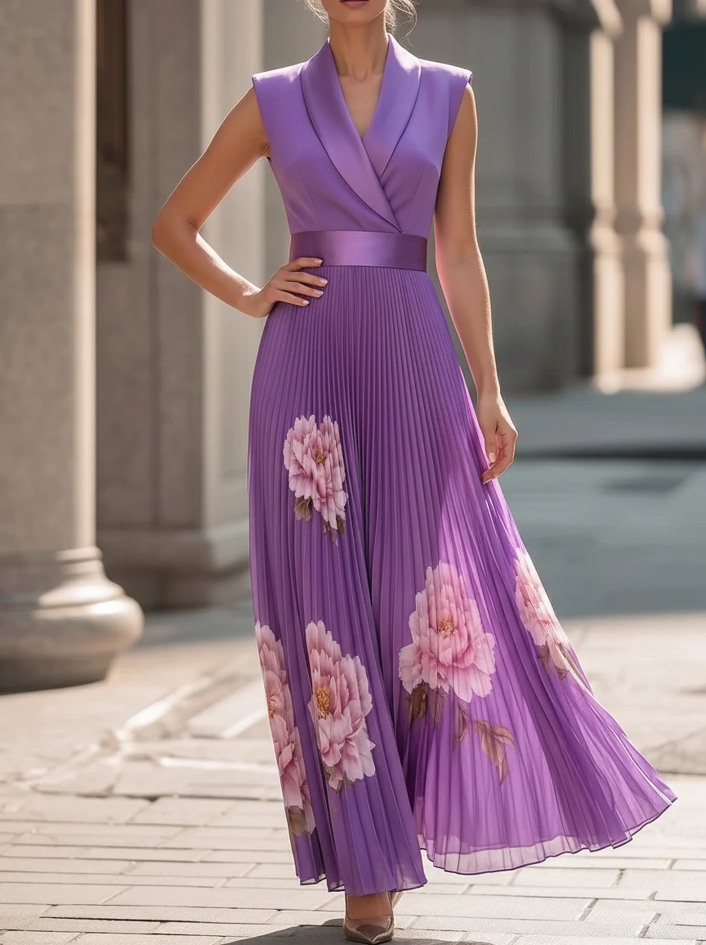 Lapel Sleeveless Waisted Peony Print Pleated Maxi Dress