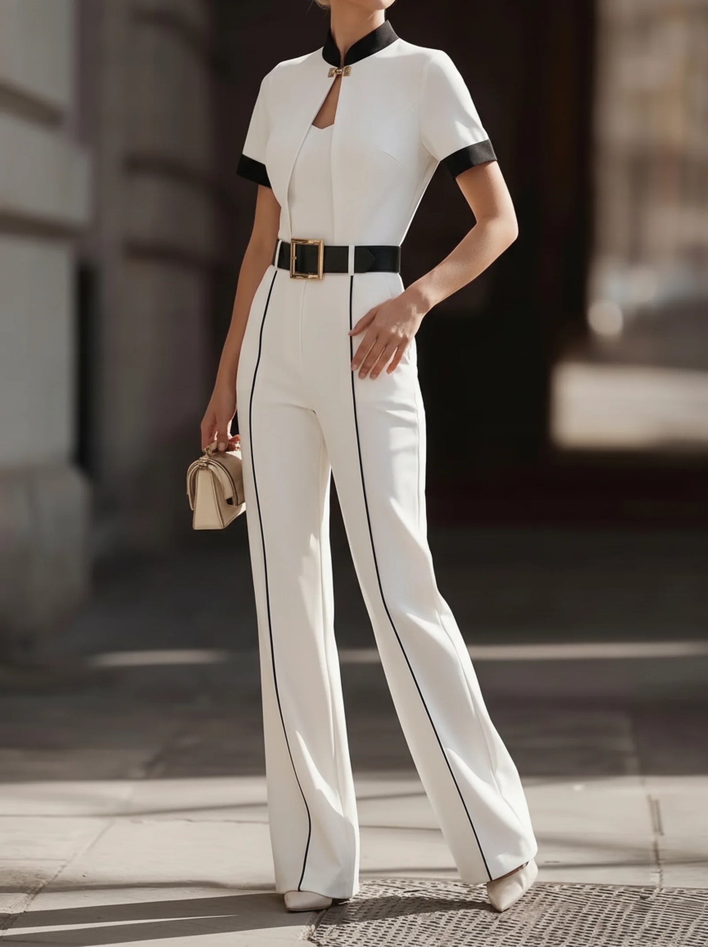 Chinese Collar Contrast Trim Short Sleeve Belted Side Stripe Wide Leg Jumpsuit