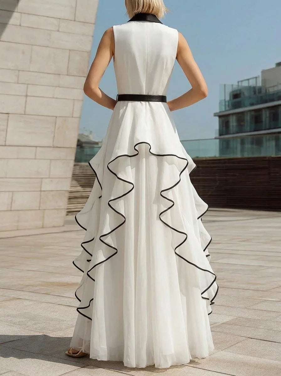 Lapel Sleeveless Waisted Black Trim Ruffle Maxi Evening Dress