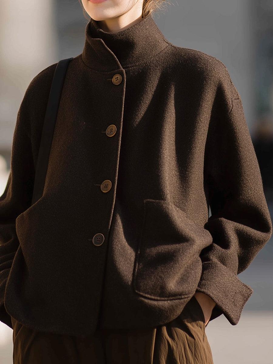 Minimalist Brown Wool Stand-Collar Jacket